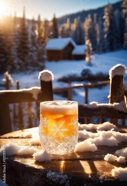 Fototapeta charming cozy winter drink surrounded delicate snowy landscape sparkling flakes warm atmosphere, beverage, cocoa, chocolate, coffee, mug, cup, marshmallow