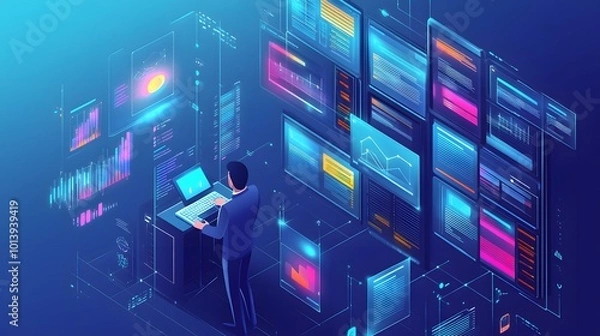 Fototapeta Isometric digital database concept featuring a businessman organizing documents, surrounded by data streams and digital icons, symbolizing modern knowledge management in the digital era