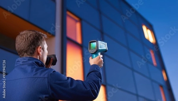 Fototapeta technician uses a thermal camera on a building facade during inspection