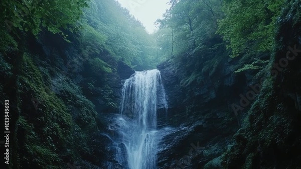 Fototapeta Majestic Waterfall Surrounded by Lush Greenery