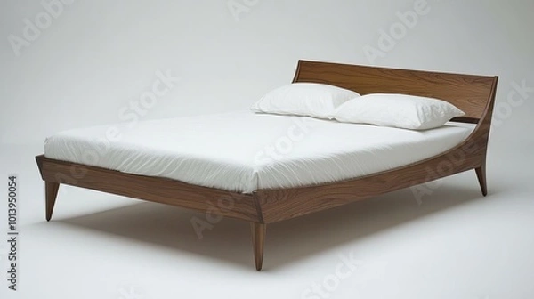 Fototapeta Modern Wooden Bed with White Bedding and Pillows