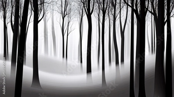 Fototapeta Abstract grayscale illustration of a forest with fog.