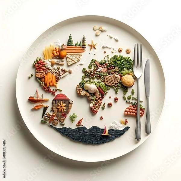 Fototapeta Globalized Culinary Cartography A Stylized World Map Depicted on a Plate Delineated by Various Foods and Ingredients Paired with a Gleaming Silver Fork and Knife