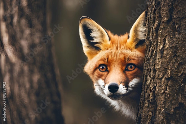 Obraz Curious fox peeking out from behind a tree