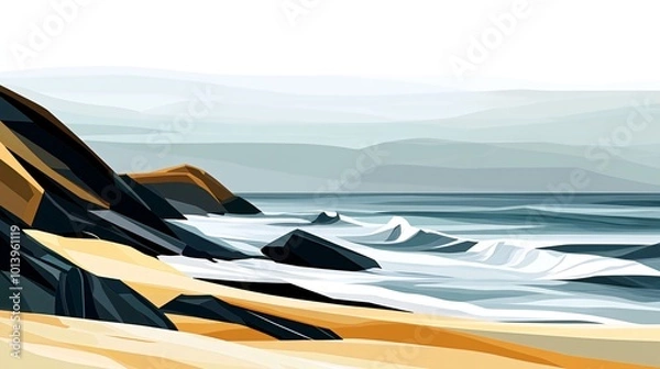 Fototapeta Rocky coastline with crashing waves and misty mountains in the background.