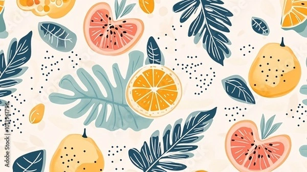 Fototapeta Seamless pattern with tropical fruits and leaves in a vibrant color palette.