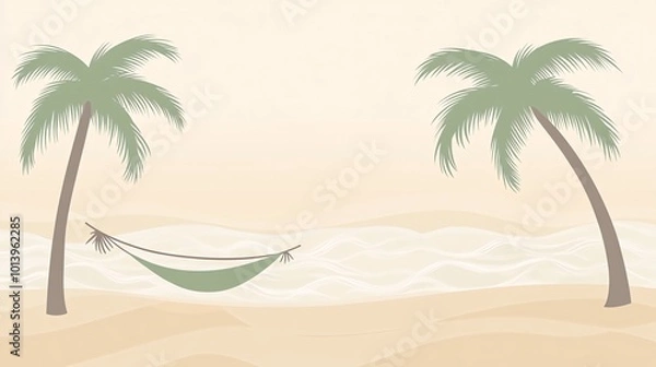 Fototapeta Simple illustration of a beach scene with two palm trees and a hammock.