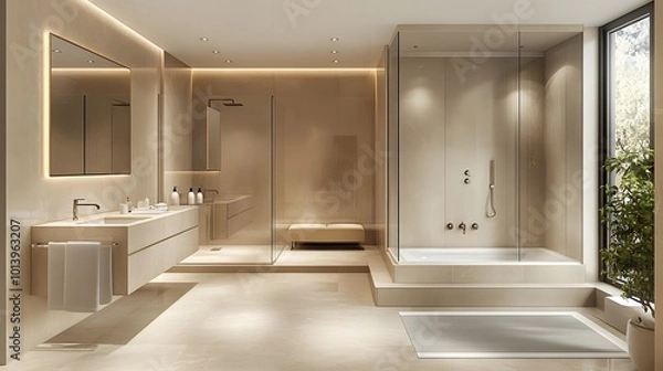 Fototapeta Luxurious beige hotel bathroom interior with a double sink, spacious shower, and panoramic window, combining elegance and comfort with modern design elements