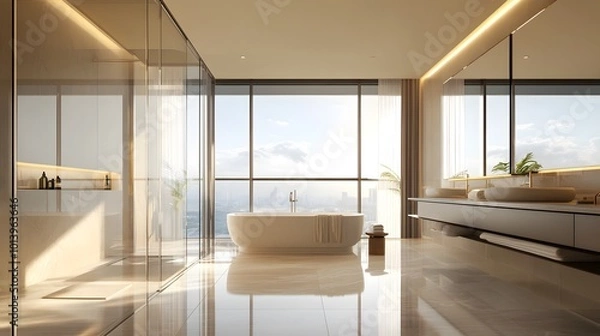 Fototapeta Luxurious beige hotel bathroom interior with a double sink, spacious shower, and panoramic window, combining elegance and comfort with modern design elements