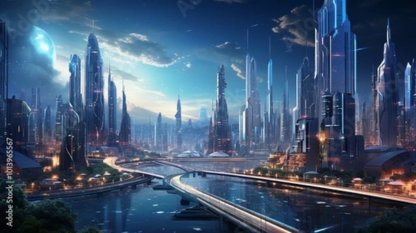 Obraz a futuristic city skyline, filled with skyscrapers, flying vehicles, and advanced technology (1)