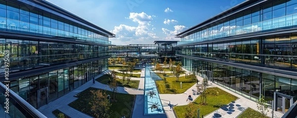 Fototapeta A panoramic view of a tech company campus with interconnected buildings featuring glass walkways and drone-friendly landing pads