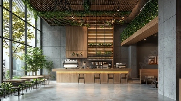 Fototapeta A sleek modern cafe with an open-concept layout, high ceilings, and a minimalist design featuring natural wood and greenery