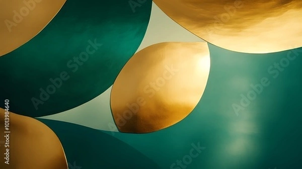 Fototapeta Abstract background with overlapping gold and teal circles.