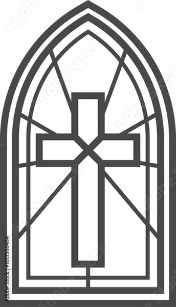 Fototapeta Church glass window with catholic cross. Gothic cathedral arch with pattern. Medieval stained frame. Silhouette of vintage architecture outline illustration
