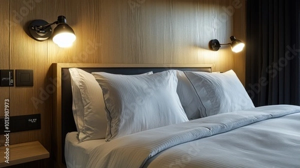 Fototapeta A boutique hotel room with wall-mounted bedside lamps that have adjustable brightness and color temperature for guest comfort