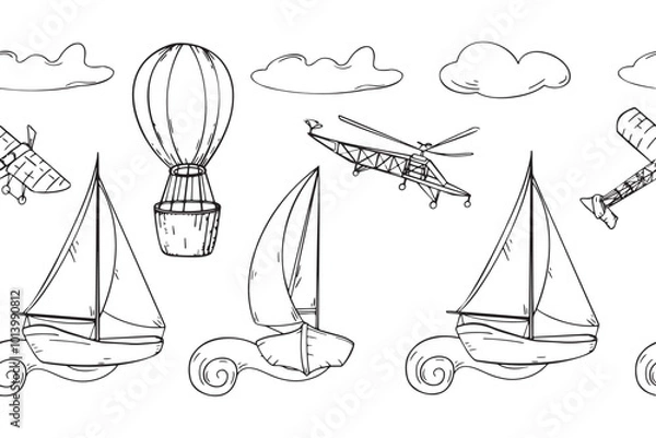 Fototapeta Sailing ship, air balloon, airplane black and white vector graphic seamless border. Monochrome boat, aircraft, vessel, aerostat repeating board hand drawn. Endless silhouette transport for boy.
