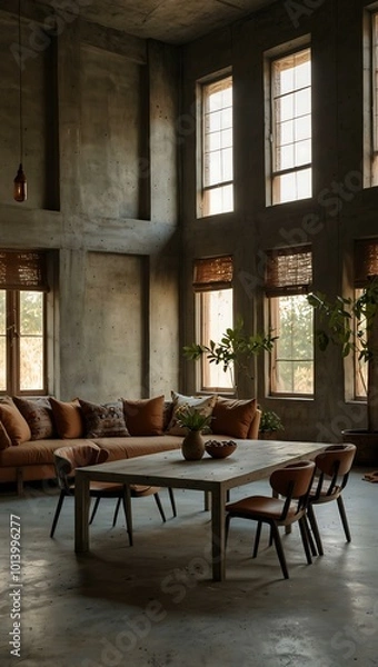 Fototapeta A boho interior featuring cement walls and soft light from windows.