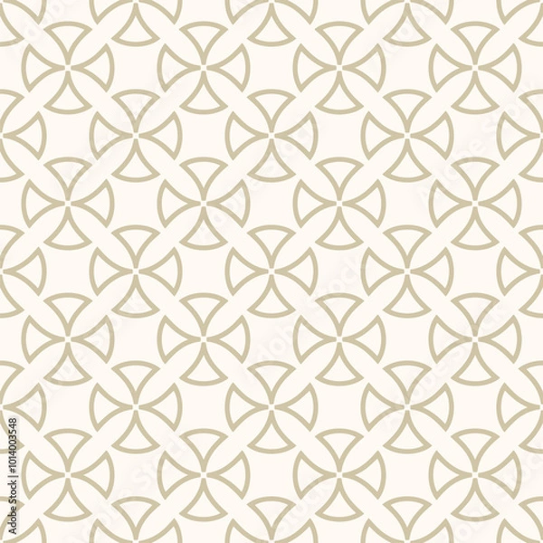 Fototapeta Abstract geometric seamless pattern. Antique vector ornament texture with curved shapes, rounded crosses, leafs. Elegant white and gold background in gothic style with medieval motifs. Repeated design