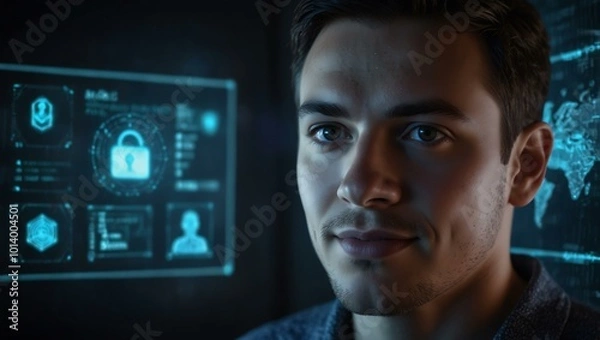 Fototapeta A friendly cybersecurity tech portrait shows a glowing holographic interface.
