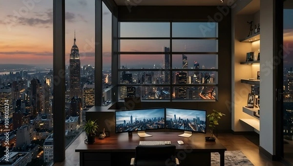Fototapeta A modern home office with multiple monitors and a view of the city.