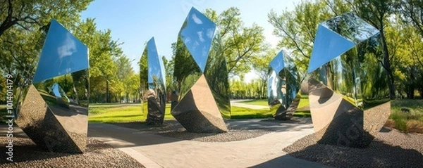 Fototapeta An outdoor art installation consisting of multiple mirror-polished stainless steel sculptures that reflect and distort the surrounding park environment