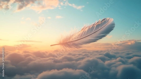 Fototapeta A colorful feather clouds floating in the air with blue petals and a sparkling background