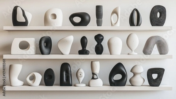 Fototapeta A collection of miniature abstract sculptures in a monochrome palette, displayed on floating shelves