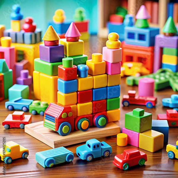 Fototapeta Colorful wooden blocks stacked into intricate structures and vehicles on a wooden table