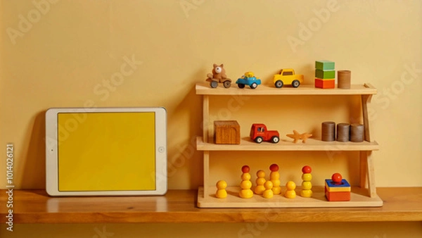 Fototapeta Yellow tablet next to wooden toy shelf