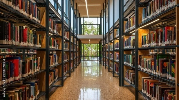 Fototapeta A public library with natural lighting, recycled metal bookshelves, and floors made of cork