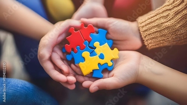 Fototapeta Puzzle pieces symbolizing the autism spectrum, alongside a family holding hands and engaging in supportive activities, illustrating the crucial role of family support and unity