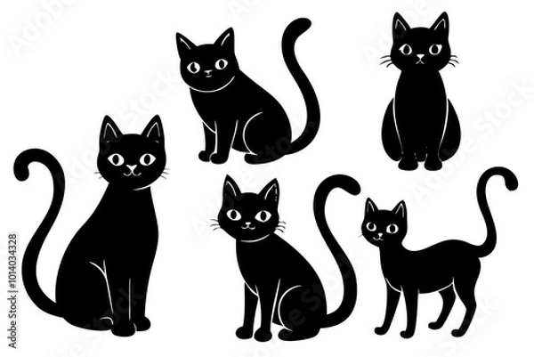 Fototapeta Set of vector black cats in different poses isolated on white background. Feline minimalistic illustration for Halloween. Sitting and walking cats