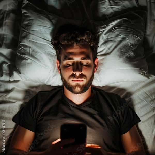 Fototapeta Man in Bed With his Phone, Social Media Addiction