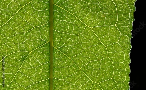 Fototapeta Macro of green leaf, veins and structures visible.  Vertical orientation of main stem.