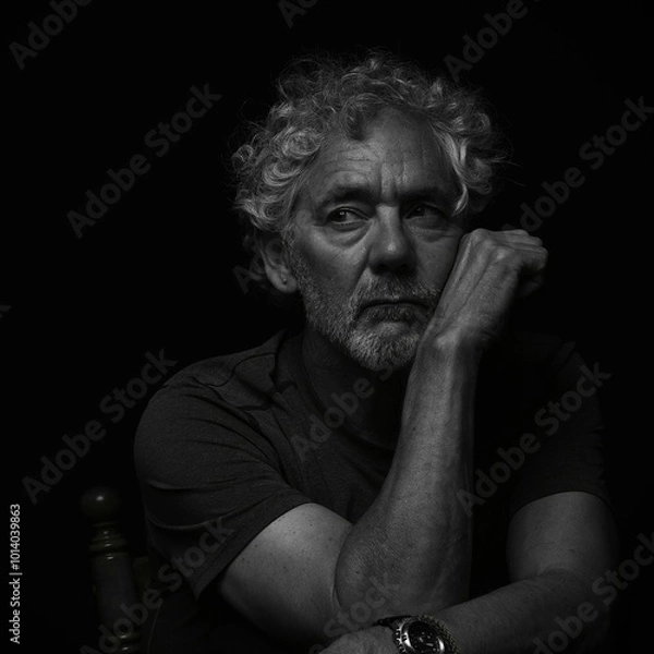Fototapeta Low key black and white portrait of an attractive older Caucasian man with grey hair and beard. Looking to the right with serious or pensive expression, leaning on his hand