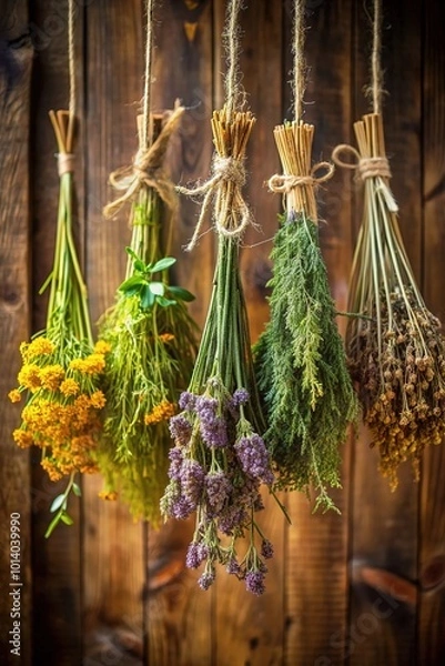 Fototapeta Fresh herbs hanging isolated on wooden background. Basil, rosemary, sage, thyme, mint, oregano, dill, marjoram, savory, lavender, dandelion