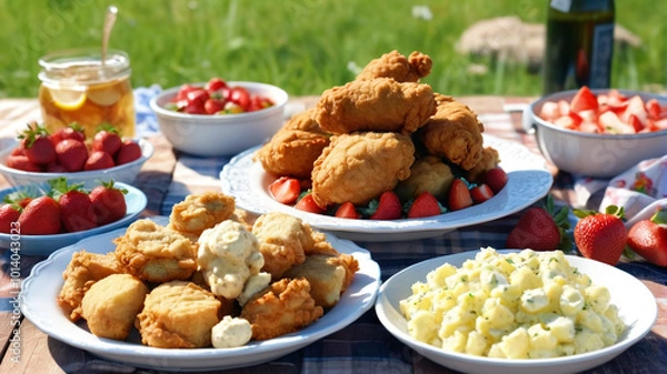Fototapeta Feast of the Assumption picnic, with fried chicken, potato salad, and strawberry shortcake, enjoyed outdoors with loved ones on a warm summer day, Generative AI