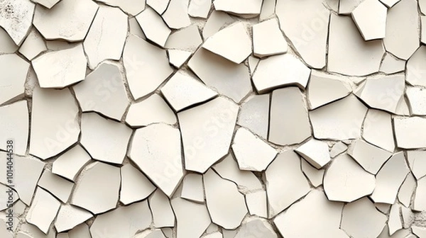 Fototapeta Seamless pattern of broken tile mosaic featuring beige tiles, suitable for abstract wallpaper or irregular bathroom walls, creating a rustic and textured look