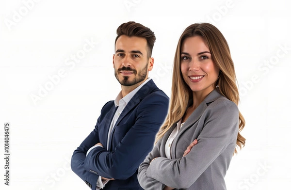 Fototapeta A man and a woman standing next to each other with their arms crossed