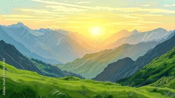 Fototapeta A serene mountain landscape at sunrise, showcasing lush greenery and rolling hills under a colorful sky.
