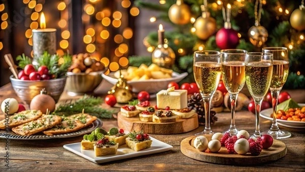 Fototapeta A festive New Year\'s Eve party spread featuring appetizing snacks and champagne glasses amidst holiday decorations