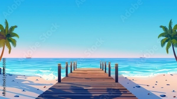 Fototapeta A serene beach scene featuring a wooden pier extending into calm waters, surrounded by palm trees and a clear sky.