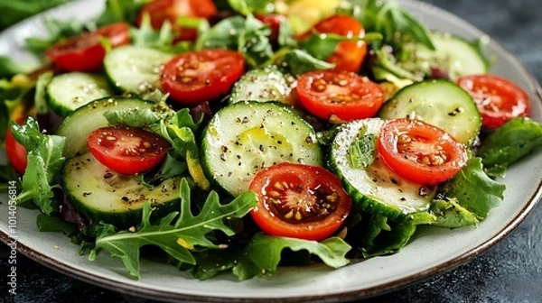 Fototapeta Fresh salad with cucumber, tomatoes, and greens.