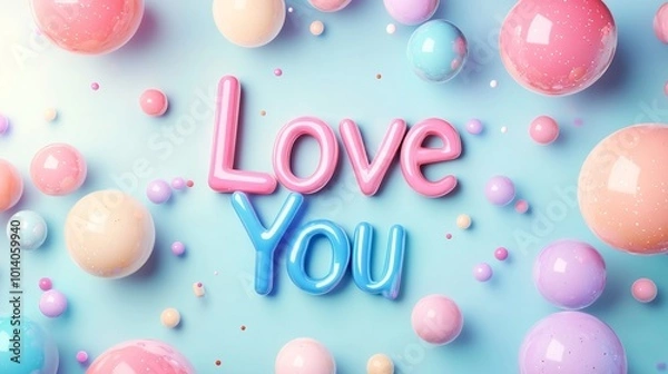 Fototapeta Colorful 3d love you text with pastel balloons on blue background