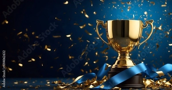 Obraz Golden trophy on a blue background, featuring a blue ribbon and confetti, representing success in business and competition. copy space