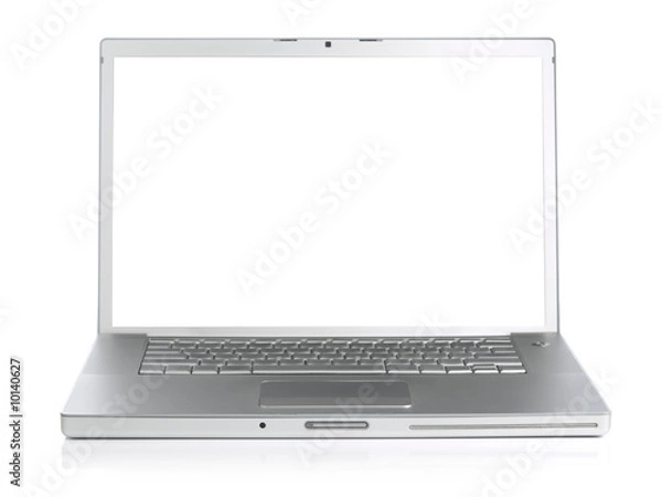 Obraz Wide screen silver laptop computer over a white background.