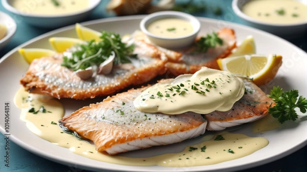 Fototapeta Tender and flaky, the fish on the platter is served with a dollop of garlic aioli, infusing each bite with a creamy, garlicky flavor, Generative AI