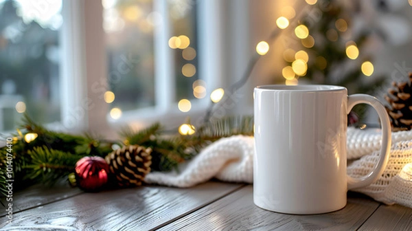 Fototapeta Christmas mockup white mug close up on light Christmas background with copy space