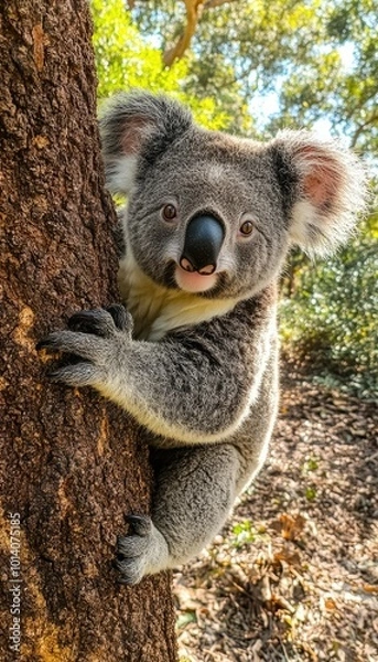 Obraz A playful koala clings to the trunk of a tree in a vibrant Australian forest during the day