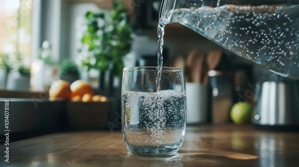 Fototapeta Clear crystal water pouring from a glass pitcher into a glass on a kitchen table.